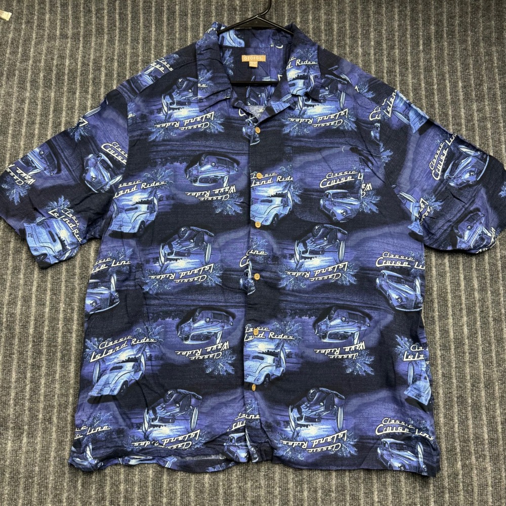 Vintage George Button Down Shirt 2XL Blue Car Tropical Hawaiian (2287)